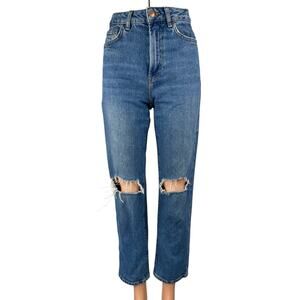 New Look Women's Blue Distressed High Waisted Straight Denim Mom Jeans Pants 2